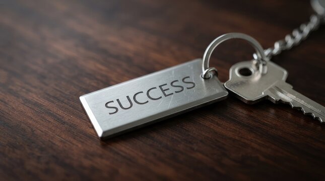 Key labeled success resting on wooden surface