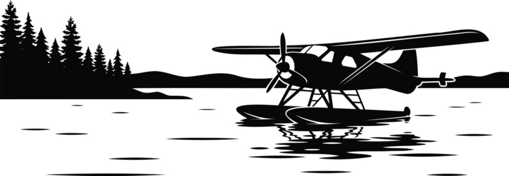 Black silhouette of a floatplane on calm water, with pine trees and hills in the background seaplane