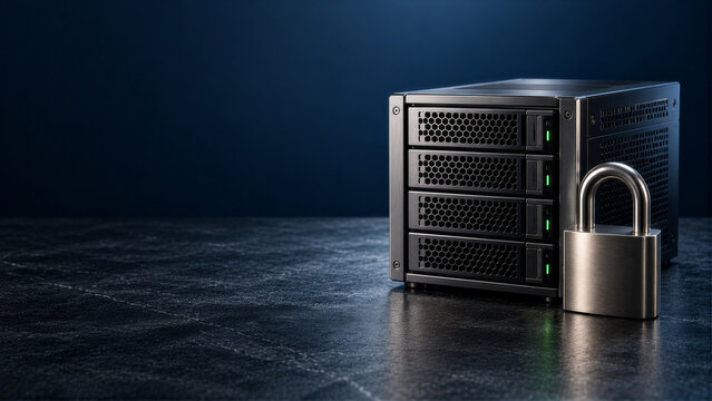 Secure Data Storage Server with Metal Padlock, Cybersecurity and Data Protection Concept