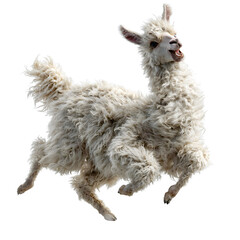 Fototapeta premium Fluffy white alpaca leaping joyfully with open mouth expressing playful energy and excitement against a clean isolated pure white studio background during bright daylight capturing dynamic motion