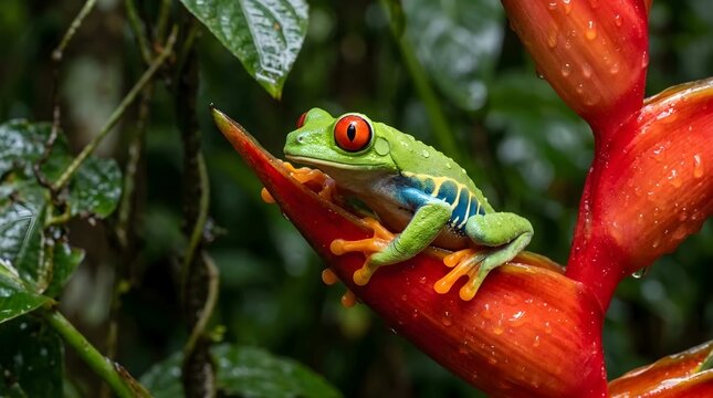 Vibrant red-eyed tree frog perched on a bright red tropical Heliconia flower in a lush rainforest jungle setting, showing detailed green skin, orange feet, and striking red eyes.