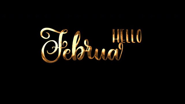 Gold metallic lettering text hello february in cursive typeface on dark black background for elegant greeting cards or social media posts.