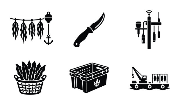 Seaweed farming technology icons with drying lines, harvesting basket, crate and processing equipment for aquaculture