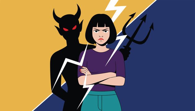 Angry young woman with crossed arms stands with a dark devil shadow holding a trident behind her, symbolizing inner demons or rage.