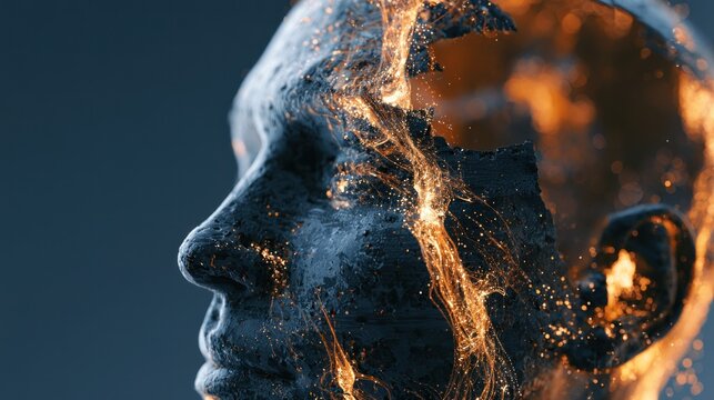 Abstract human head sculpture with glowing neural network energy
