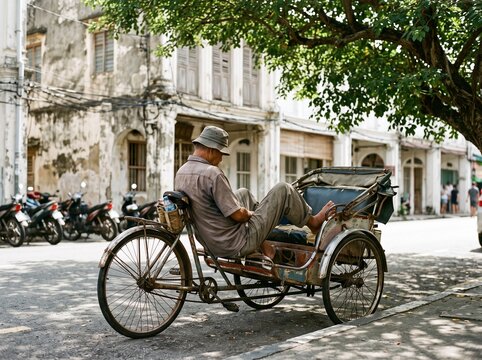 Man Riding Vintage Bicycle Rickshaw Down City Street, Candid Photograph of Traditional Transportation and Urban Commute, high resolution, royalty free, 4k quality