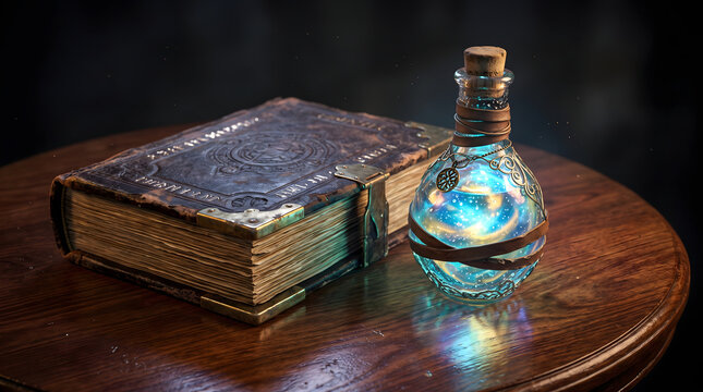 Magic potion bottle and spellbook
