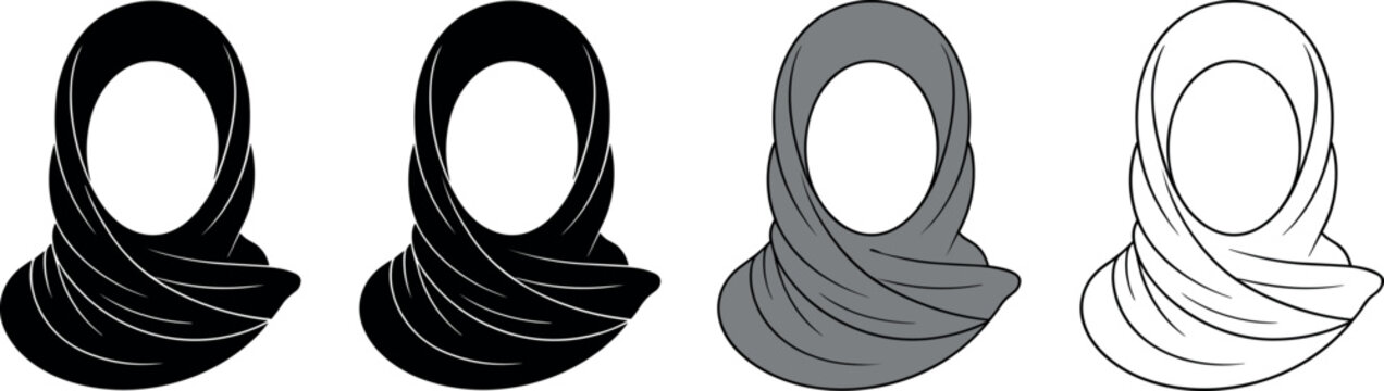 Islamic hijab icon set featuring Muslim woman headscarf traditional veil line and silhouette collection vector illustration isolated design