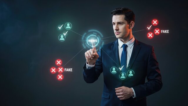 Professional selecting verified news sources on digital interface