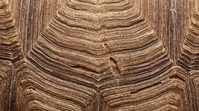 Detailed macro close up of a tortoise shell showing natural brown texture and intricate geometric pattern
