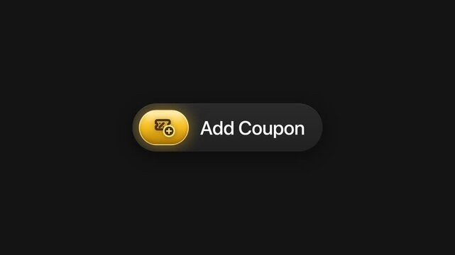 Animated user interface element showing add coupon button with ticket icon on black background