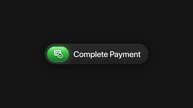 Animated web interface complete payment button with credit card icon on black background for checkout