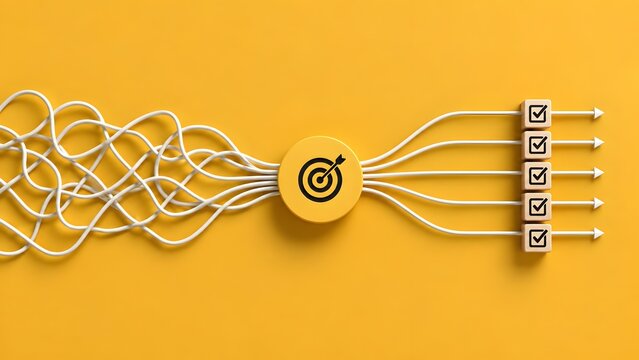 Conceptual 3D Illustration Showing Chaos Transforming into Order through a Bullseye Target Leading to an Organized Checklist and Success Arrows for Business Strategy and Problem Solving
