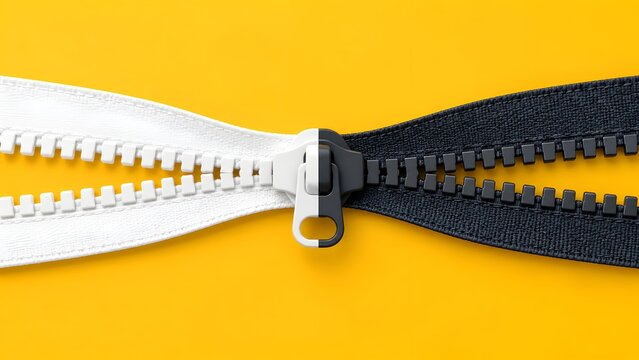 Conceptual image of a black and white zipper merging together on a vibrant yellow background, symbolizing unity, racial harmony, diversity, integration, and the connection of two different sides.