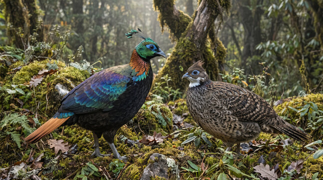 Male and female Himalayan monal pheasant pair standing in a mossy mountain forest, colorful Danphe bird couple in natural Himalayan habitat