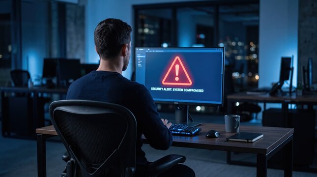 IT specialist facing computer monitor displaying critical security alert warning triangle indicating system compromised or hacked by cyber attacker during night shift in dark
