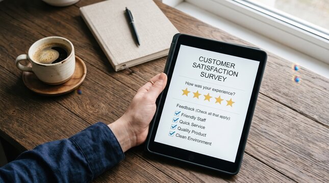 Customer filling out satisfaction survey on tablet device, feedback form with star ratings and checklist options for service quality evaluation in cafe setting with coffee cup and