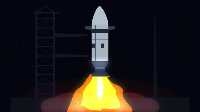 Pixel art rocket launch animation with engine fire, spacecraft lift off