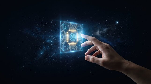 Futuristic hand touching a holographic artificial intelligence chip floating in deep space, illustrating advanced machine learning algorithms, neural network processing, quantum