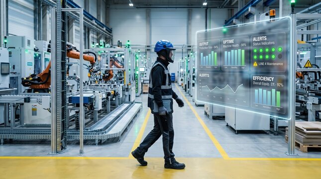 Factory technician walking past holographic industrial dashboard displaying real-time efficiency metrics, smart factory IoT monitoring system, Industry 4.0 digital twin