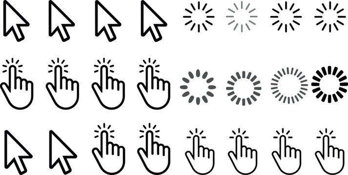 Mouse cursor and loading spinner icon set featuring arrow pointer hand click loading wheel symbol collection vector illustration isolated design