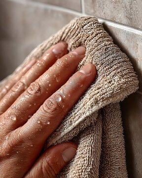 Wet Hand Wiping Bathroom Tiles with Beige Towel