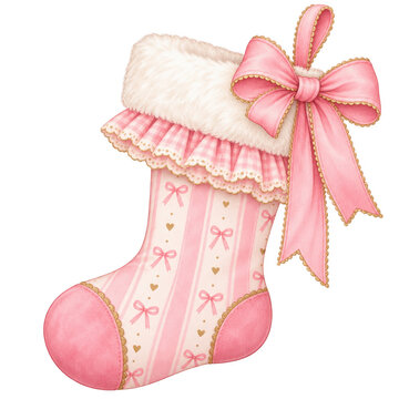 Cute pink Christmas stocking PNG illustration with white fur trim, ruffles, and ribbon bow for holiday cozy apparel sublimation, isolated on transparent background