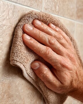 Wet Hand Wiping Bathroom Tiles with Beige Towel