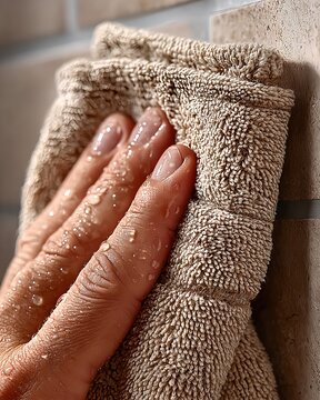 Wet Hand Wiping Bathroom Tiles with Beige Towel