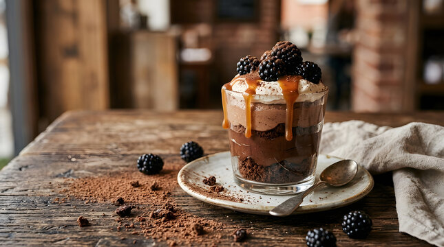 Decadent chocolate mousse dessert with blackberries and caramel