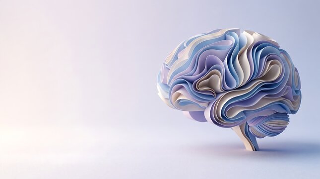 Human brain sculpture made of layered paper sheets in soft pastel colors, isolated on white background