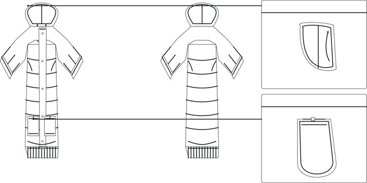 Technical fashion flat sketches of hooded coat parka design with quilted sections, snap button placket and pocket variations