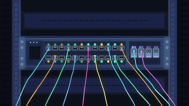 Pixel art server rack with glowing network cables and switch ports data transfer connectivity technology digital infrastructure