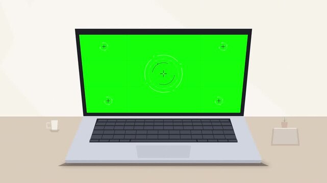 Pixel art laptop animation with green screen display, tracking markers, retro computer setup, flat design motion graphic