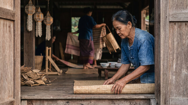 Thai woman in indigo shirt unrolling a handwoven reed mat on a wooden house porch, with villagers preparing a community gathering space and paper lanterns hanging behind