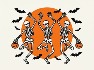 Fototapeta premium Three dancing skeletons holding carved jack o lantern buckets with flying bats and orange moon illustration for happy halloween party invitation card.