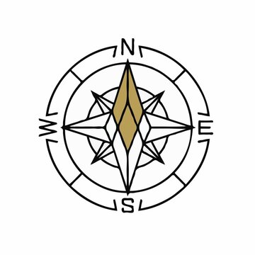 A detailed compass rose illustration features cardinal directions and a golden needle