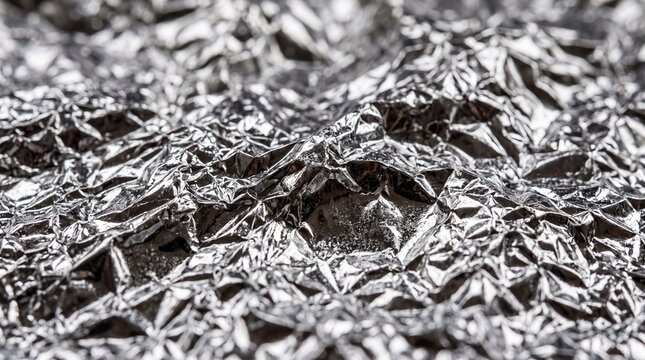 Close-up of Crumpled Aluminum Foil Surface with Reflective Texture and Shine.