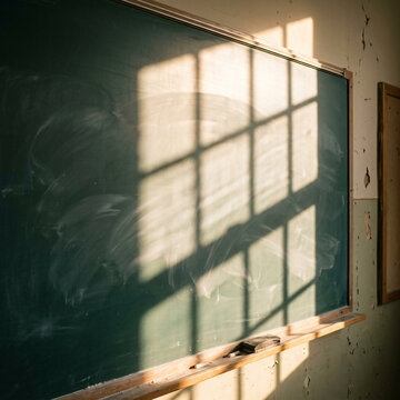 Chalkboard features strong window shadow lines crossing its dusty green surface inside a vintage classroom setting.