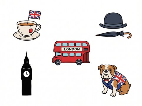 British culture icons featuring double decker bus big ben cup of tea bowler hat umbrella and bulldog.