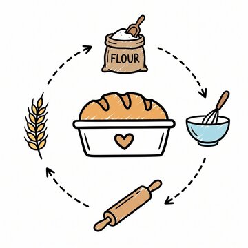 Hand drawn infographic diagram showing the complete baking process from wheat and flour to fresh bread loaf with kitchen utensils in doodle style vector illustration.