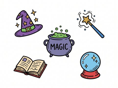 Magical doodle set featuring witch hat, bubbling cauldron, magic wand, spell book, and crystal ball rendered in charming hand drawn cartoon art style.