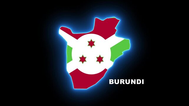 Burundi map outlines blue neon glow with national flag texter on black background alpha channel.