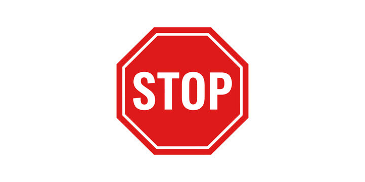 Red stop sign with word stop for traffic control.