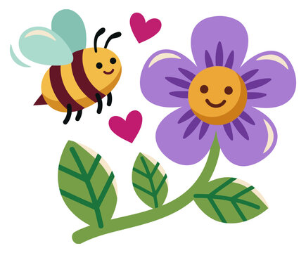Cute bee and purple flower illustration