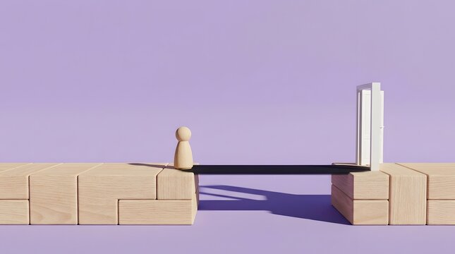 Wooden figure crossing a dark shadow bridge over a wide gap towards an open white door demonstrating creative problem solving and uncovering hidden business paths