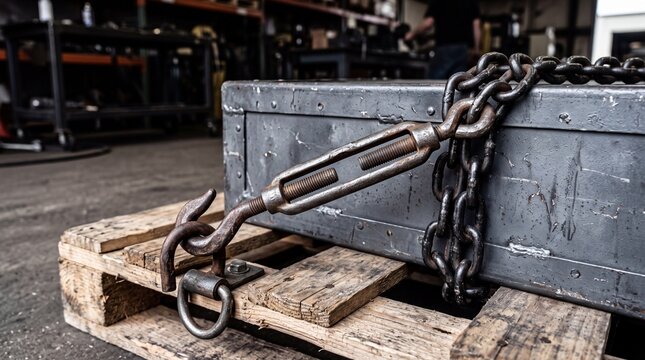 Heavy metal chain securing a large container on wooden pallet in industrial setting.