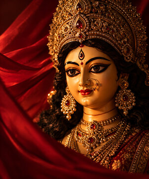 Close up portrait of goddess durga idol with ornate golden crown and jewelry, draped in red fabric during hindu festival celebration