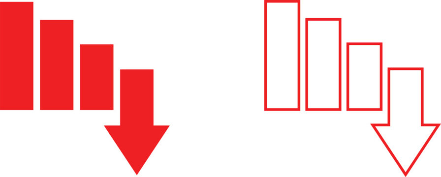 Red Decline Bar Chart with Downward Arrow Icon Set in Solid and Outline Styles