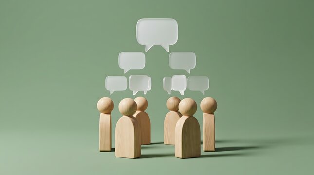 A group of wooden figures standing in a circle with merging speech bubbles demonstrating team consensus collective voice and organizational alignment on a green background